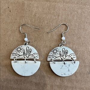 Silvertone and White Cactus Earrings